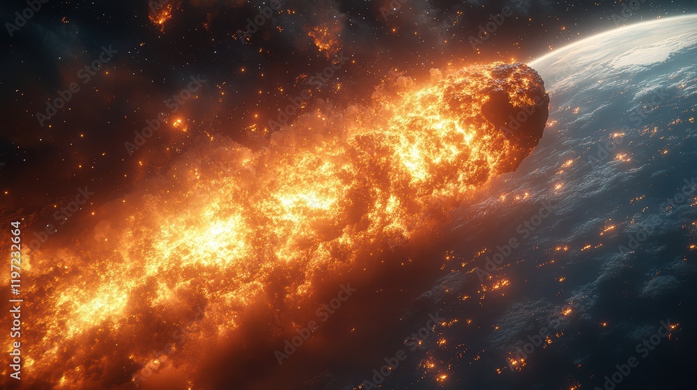 Fototapeta premium Fiery asteroid hurtling towards Earth, creating a dramatic scene of impending doom and destruction.