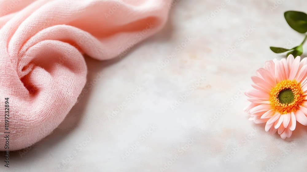 Fototapeta premium Pink fabric with flower on light background