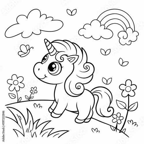  A unicorn with a flowing rainbow mane standing in a meadow surrounded by butterflies and flowers. coloring page for children