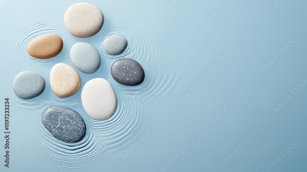 A top down view of stones in a shallow pool, with the gentle ripples emanating from them creating a mesmerizing pattern on the water surface. A top down view of stones in a shallow pool, with the gentle ripples emanating from them creating a mesmerizing pattern on the water surface.