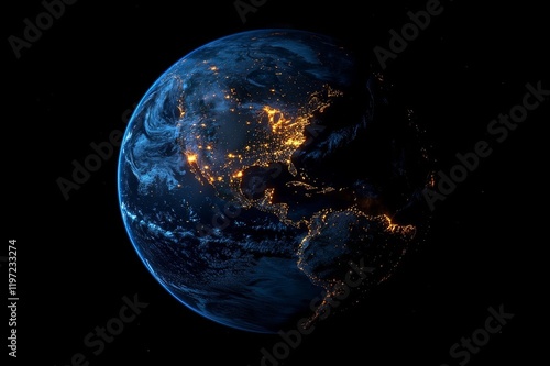 View of Earth from space at night, highlighting city lights and natural landscape