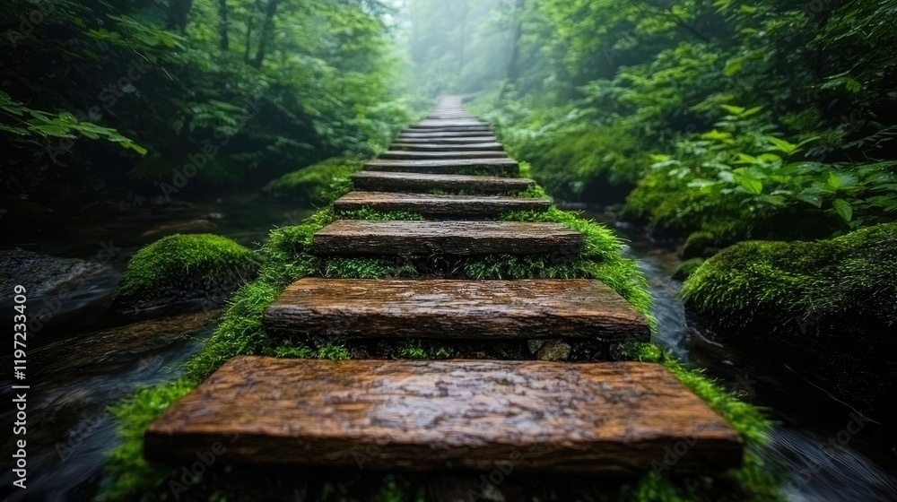 Misty forest path, wooden steps over stream, nature journey, tranquility Misty forest path, wooden steps over stream, nature journey, tranquility