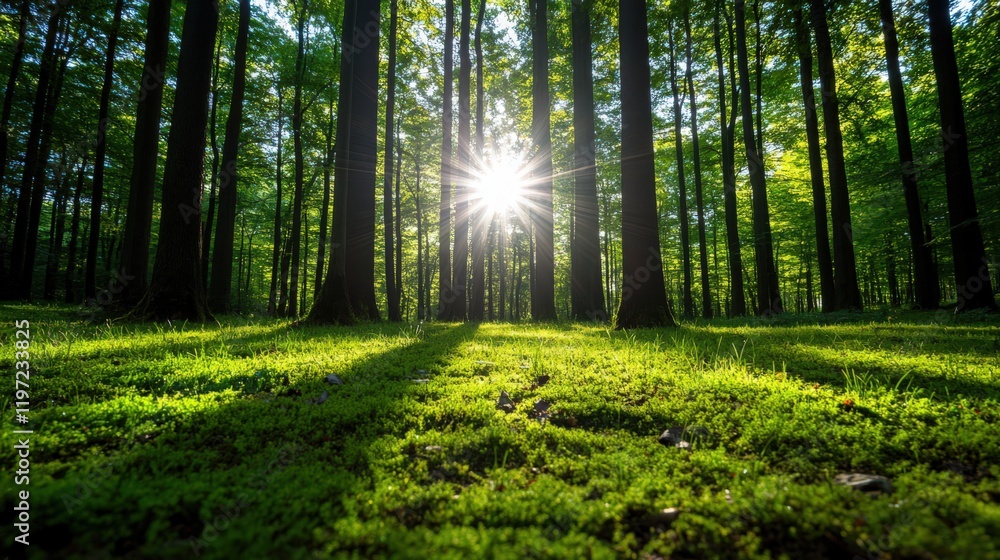 Fototapeta premium A forest with a sun shining through the trees