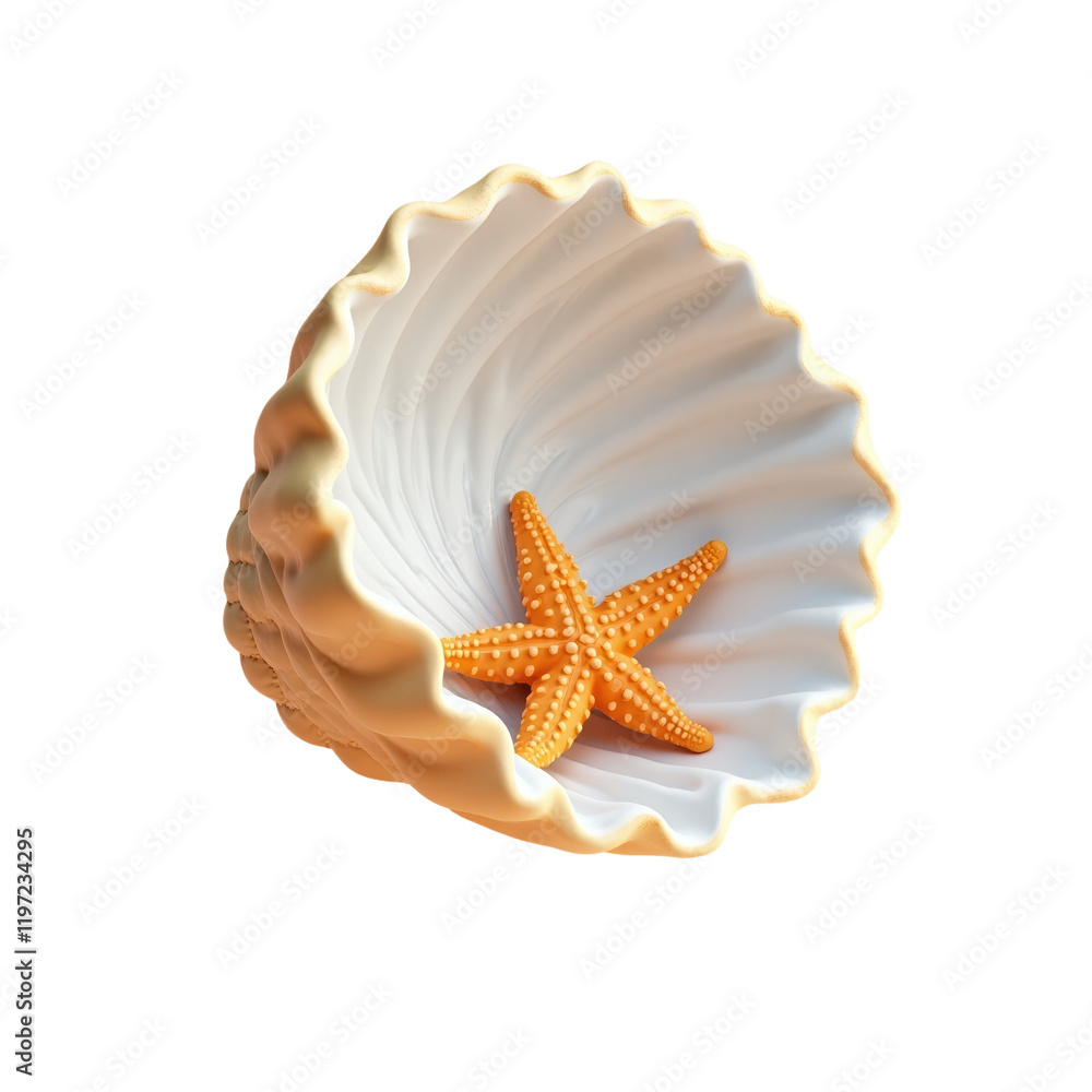 starfish resting inside a large pale seashell against a background starfish resting inside a large pale seashell against a background