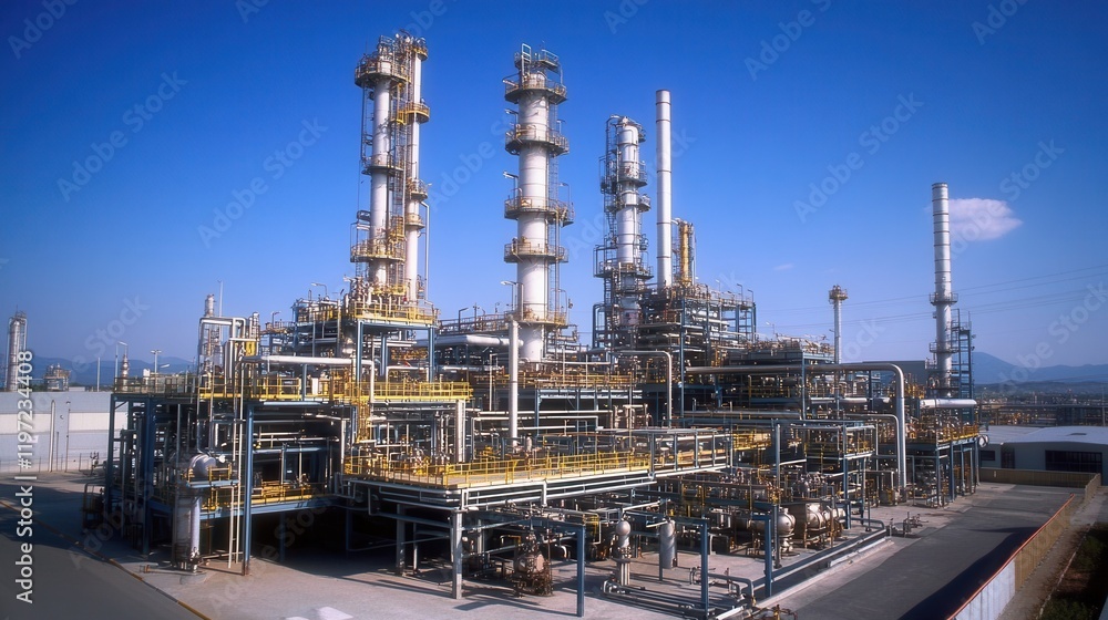 Petrochemical plant with towering cracking units and reactor vessels, surrounded by dense piping and industrial equipment. Petrochemical plant with towering cracking units and reactor vessels, surrounded by dense piping and industrial equipment.