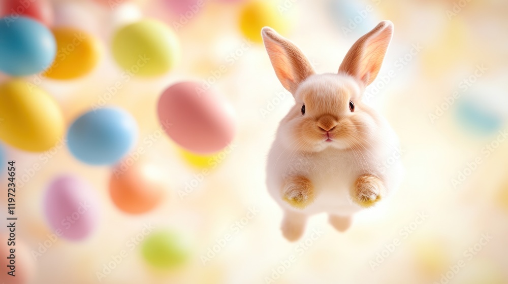 Obraz premium Hovering Easter eggs, fluffy white bunny in the foreground, soft peach background, open yellow space for promotional text.