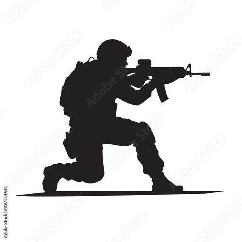 Special forces soldier shooting pose silhouette vector illustration