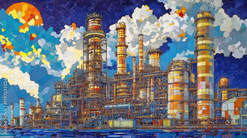 Fototapeta premium Petrochemical plant with towering cracking units and reactor vessels, machinery interwoven with intricate piping systems.