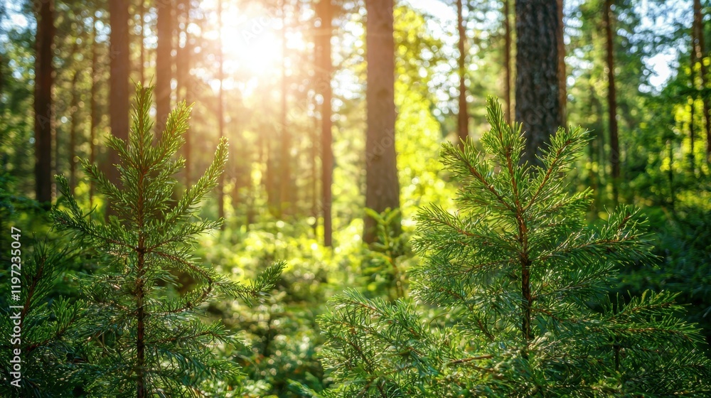 Sunlight pierces through the trees in a serene forest during a tranquil afternoon Sunlight pierces through the trees in a serene forest during a tranquil afternoon