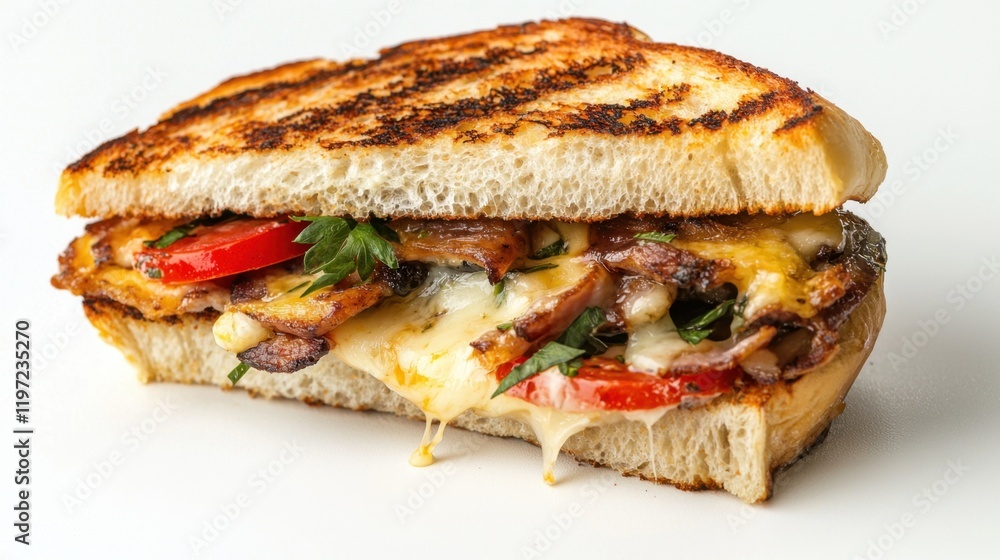 Delicious grilled sandwich filled with melted cheese, vegetables, and seasoned meat ready to be enjoyed Delicious grilled sandwich filled with melted cheese, vegetables, and seasoned meat ready to be enjoyed