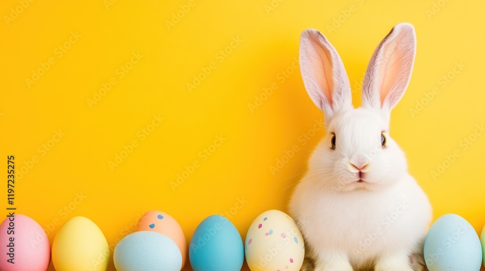 Hovering Easter eggs, fluffy white bunny in the foreground, soft peach background, open yellow space for promotional text. Hovering Easter eggs, fluffy white bunny in the foreground, soft peach background, open yellow space for promotional text.