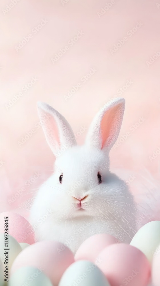 Fototapeta premium Hovering Easter eggs, fluffy white bunny in the foreground, soft peach background, open yellow space for promotional text.