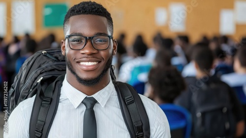 Smiling student with backpack in lecture hall.  Education, success photo