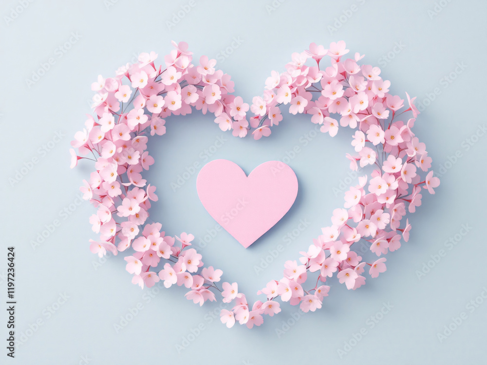 Heart-shaped wreath of pink flowers on a light blue background. Heart-shaped wreath of pink flowers on a light blue background.