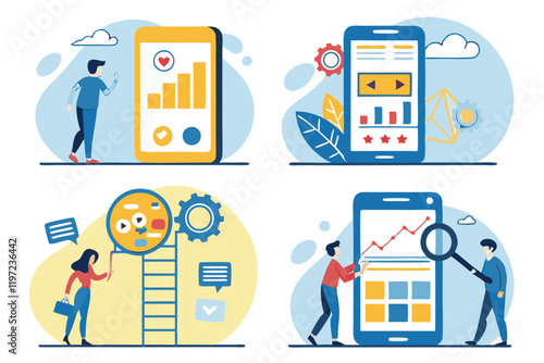 Flat design illustrations, smartphone app concepts, tiny people interacting with giant phones, digital marketing scenes, data analysis visualizations, cloud computing symbols, social media icons, busi photo