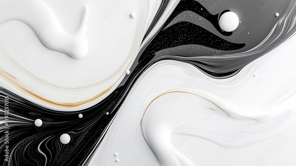 Obraz premium A striking abstract design featuring swirling black and white paint with smooth textures and glossy details.