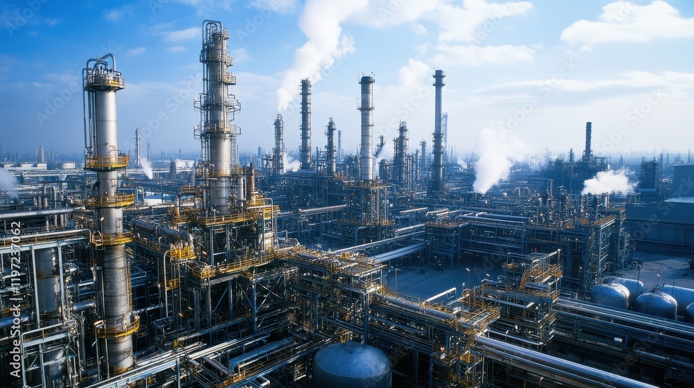 A view of towering cracking units and reactor vessels amidst a dense network of machinery and pipes in a petrochemical facility. A view of towering cracking units and reactor vessels amidst a dense network of machinery and pipes in a petrochemical facility.