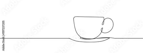 Coffee cup in saucer with handle turned to the right Line art vector illustration with transparent background editable stroke.