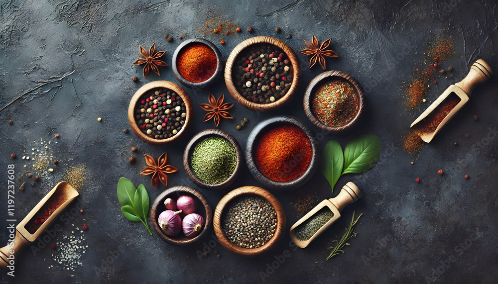 An overhead, top-down photo of a small group of wooden bowls on a dark grey marble surface. Each bowl should be filled with colorful herbs and spices.. An overhead, top-down photo of a small group of wooden bowls on a dark grey marble surface. Each bowl should be filled with colorful herbs and spices..