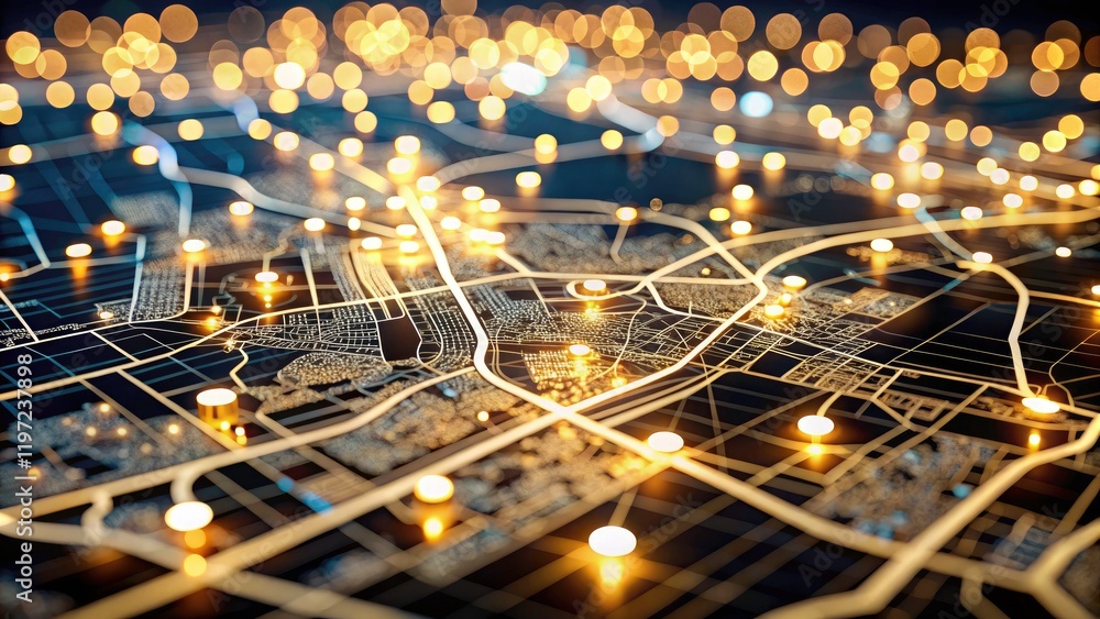 Obraz premium A black and white bokeh aerial photograph maps Trenton, Missouri's downtown, highlighting its street network and geographic location.