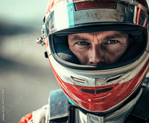 Close-up of a race car driver wearing a helmet at a racetrack in bright sunlight during an intense motorsport event photo