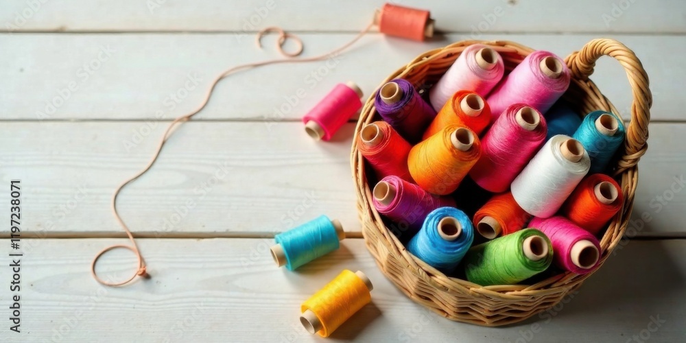 Obraz premium A Colorful Collection of Sewing Threads in a Woven Basket on a White Wooden Surface