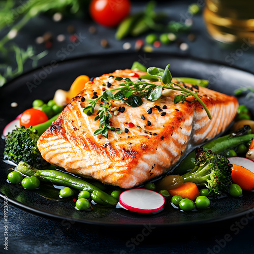 A beautifully plated salmon fillet with vegetables, showcasing a healthy meal.