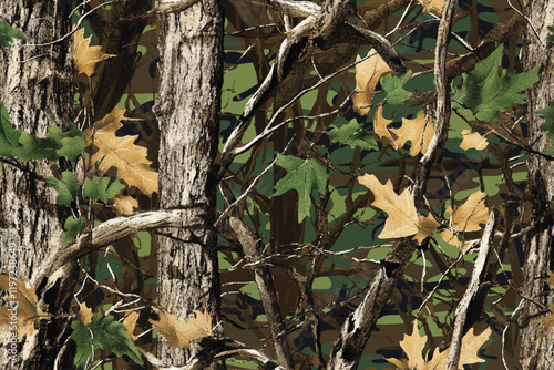Forest real tree hunting camouflage seamless pattern design for military and hunting uniform. Hunting