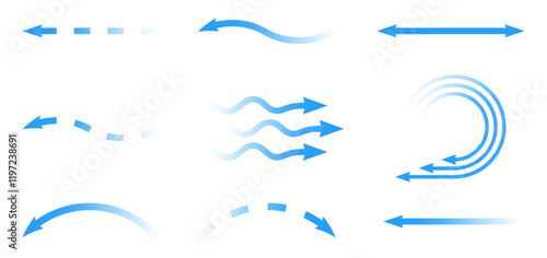 Air flow. Set of blue arrows showing direction of air movement. Wind direction arrows. Blue cold fresh stream from the conditioner.