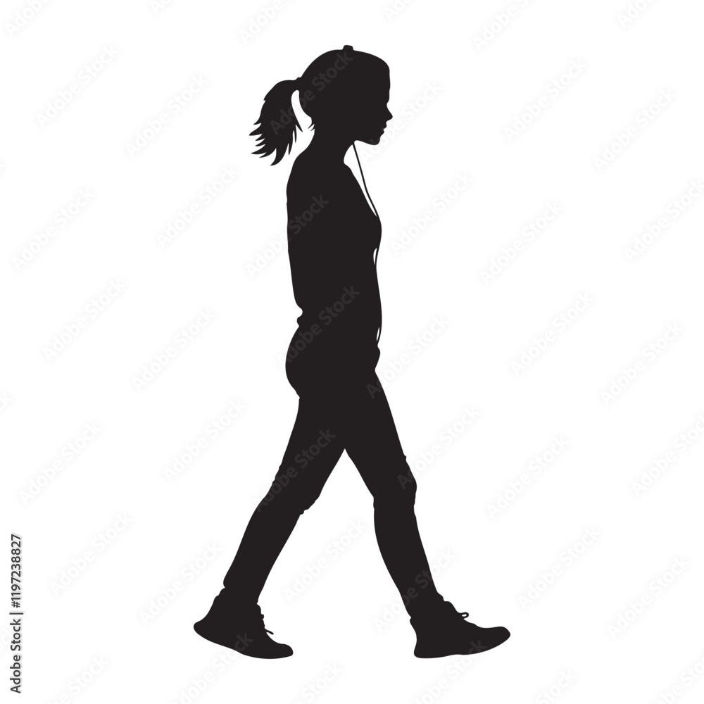 A young girl listing music while walking silhouette vector illustration A young girl listing music while walking silhouette vector illustration
