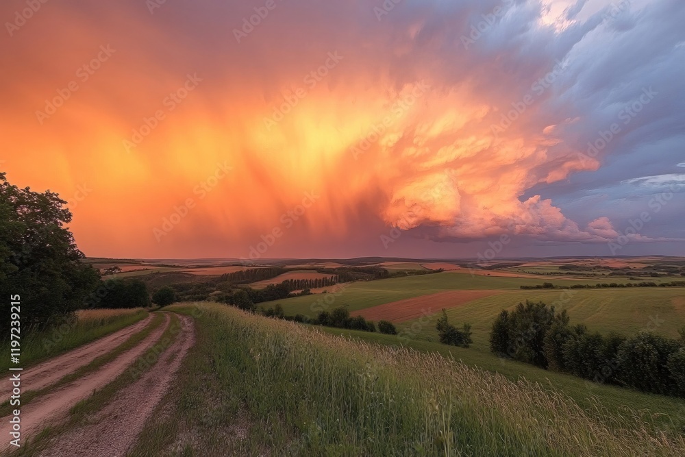 Serene Sunset over Rolling Hills and Country Road Dramatic Sky Colors Paint Peaceful Landscape Serene Sunset over Rolling Hills and Country Road Dramatic Sky Colors Paint Peaceful Landscape