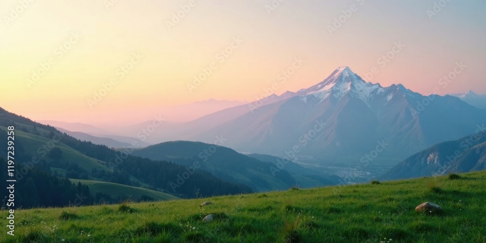 Fototapeta premium Serene Sunset Vista Over Rolling Hills and Majestic Snow-Capped Peaks