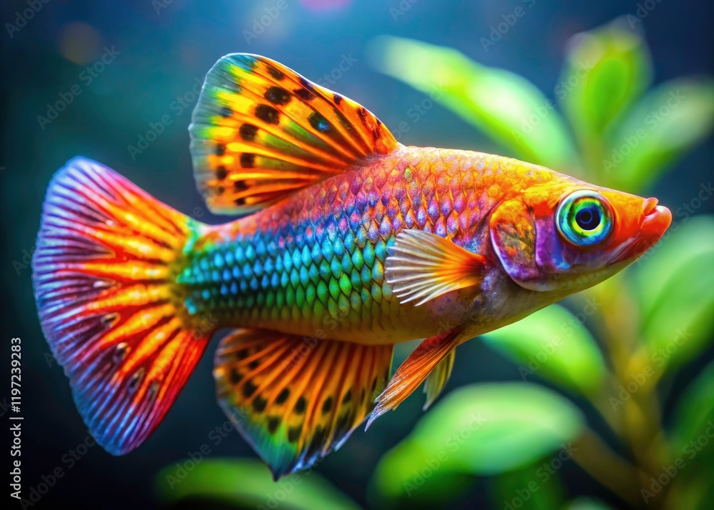A vibrant Molly fish, captured in high-resolution macro detail; fins, scales, and eyes are sharply defined. A vibrant Molly fish, captured in high-resolution macro detail; fins, scales, and eyes are sharply defined.