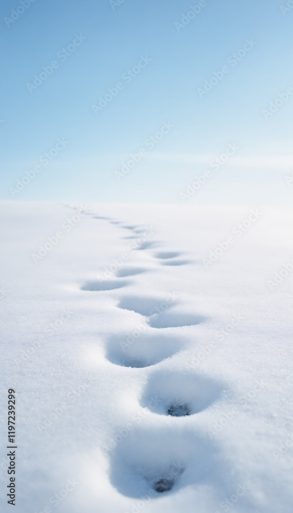 Footprints in white snow against blue sky with copy space Footprints in white snow against blue sky with copy space