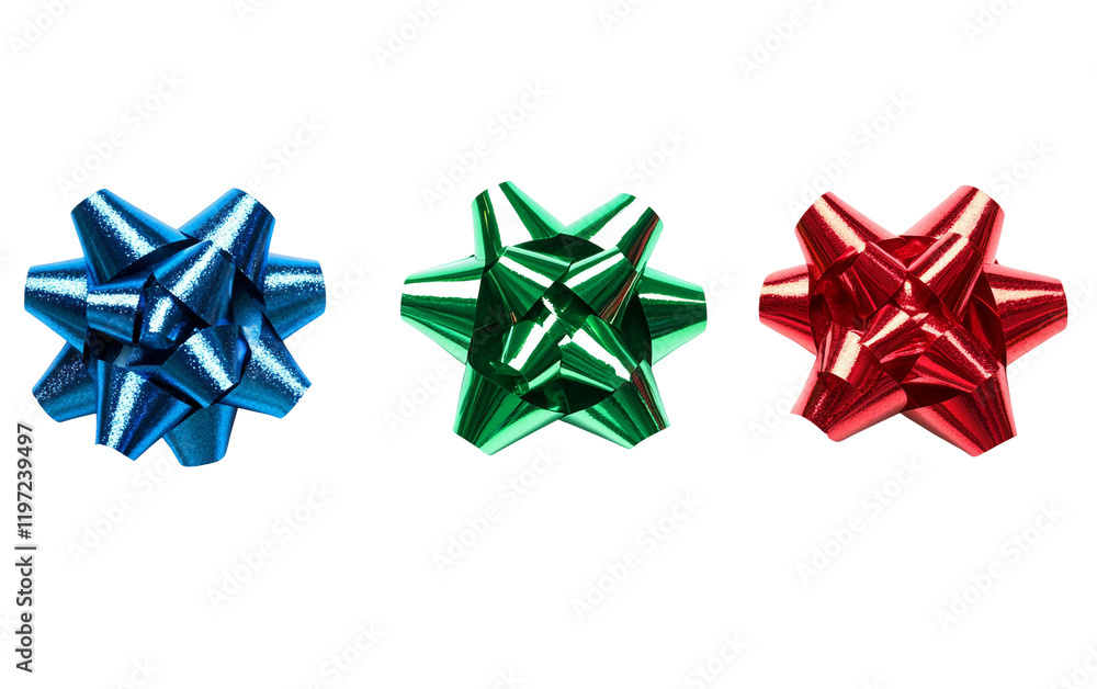 Metallic Red, Blue, and Green Gift Bows isolated on transparent Background Metallic Red, Blue, and Green Gift Bows isolated on transparent Background