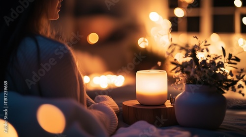 A serene scene with candles and soft lighting, promoting relaxation for better sleep. photo