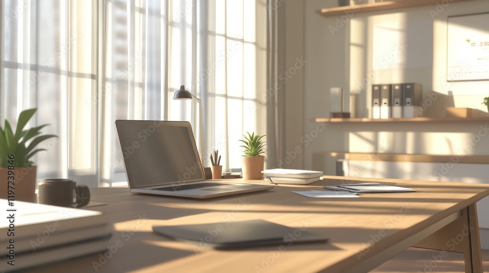 Fototapeta premium Minimalist home office with natural light and green plants – modern workspace design