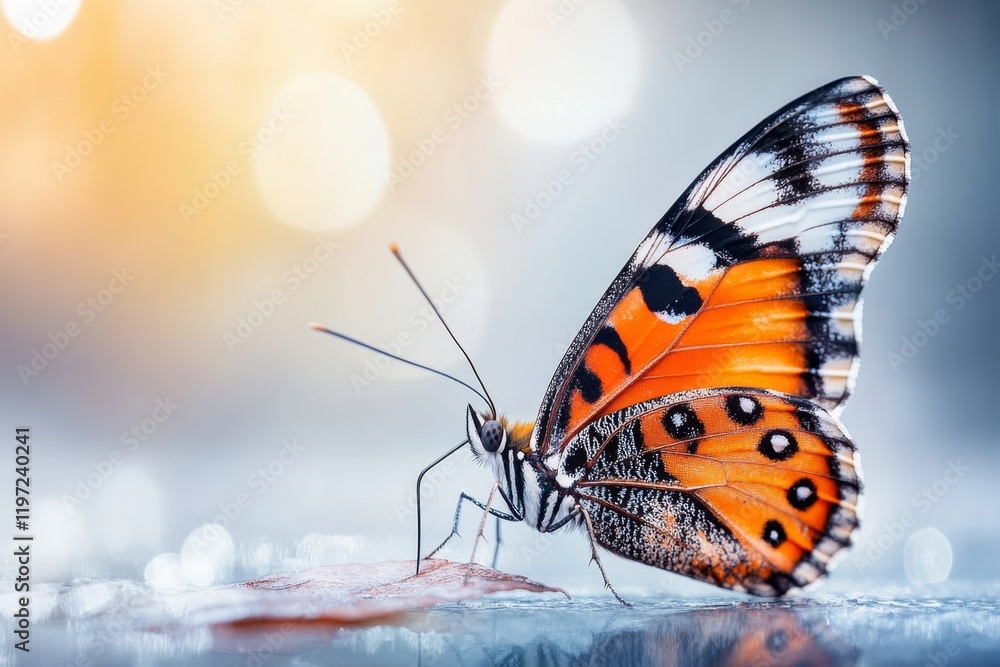 Obraz premium A butterfly with torn wings resting on a leaf, bathed in gentle sunlight breaking through the forest canopy