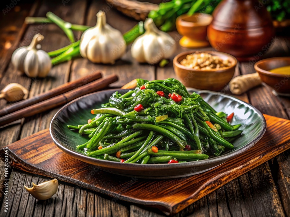 Crispy kangkong with aromatic garlic, a simple yet delicious Asian side. Crispy kangkong with aromatic garlic, a simple yet delicious Asian side.