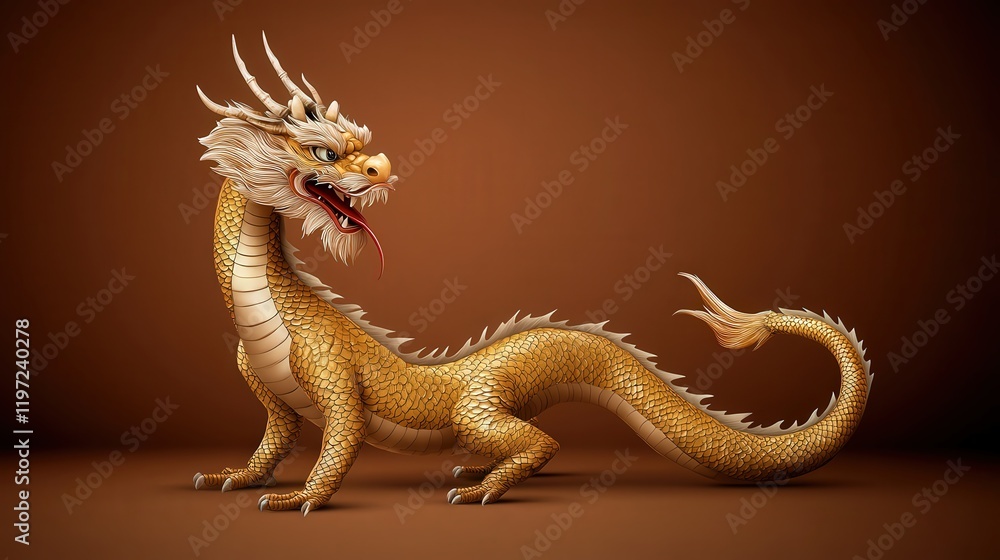 Obraz premium Majestic Golden Dragon Soaring Gracefully Against a Bold Red Background Symbolizing Power and Mystique in a Richly Imagined Fantasy World