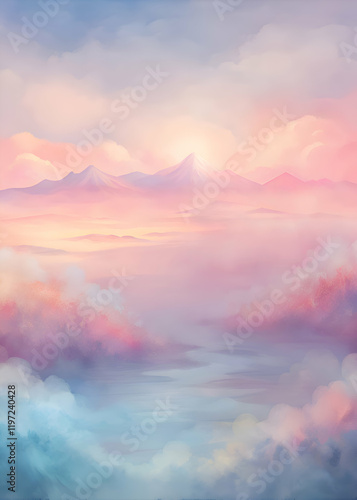 A dreamy pink and blue landscape with mountains and clouds.