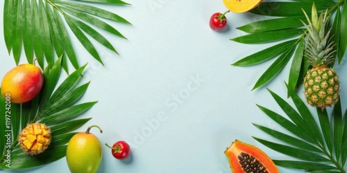 Wallpaper Mural Tropical Fruits and Palm Leaves on a Light Blue Background A Vibrant Summer Still Life Torontodigital.ca