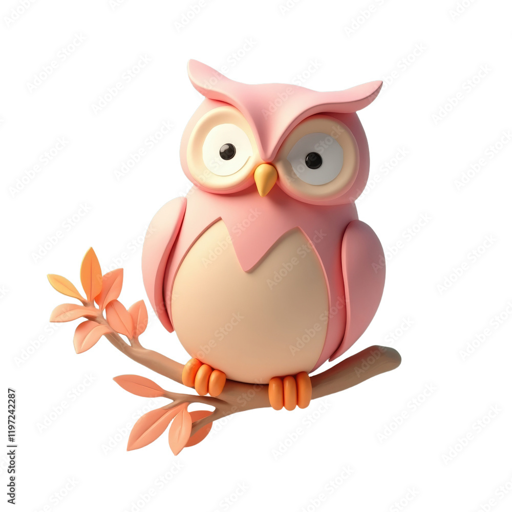 charming pink 3d cartoon owl perched on a branch with leaves charming pink 3d cartoon owl perched on a branch with leaves