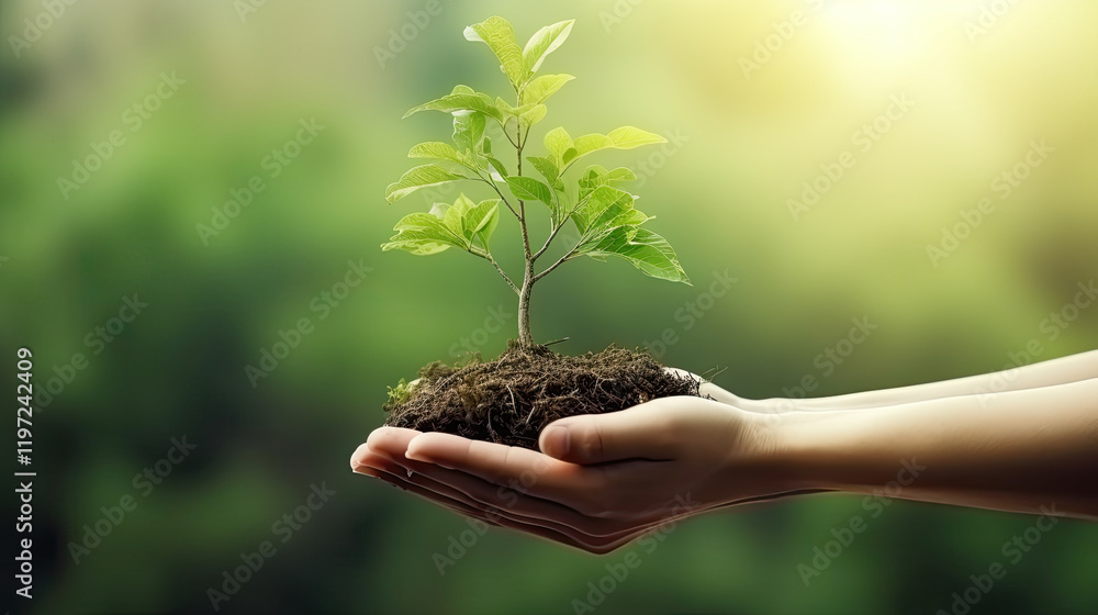 Tender Sapling Held in Caring Hands, Symbol of Growth and Environmental Conservation Tender Sapling Held in Caring Hands, Symbol of Growth and Environmental Conservation