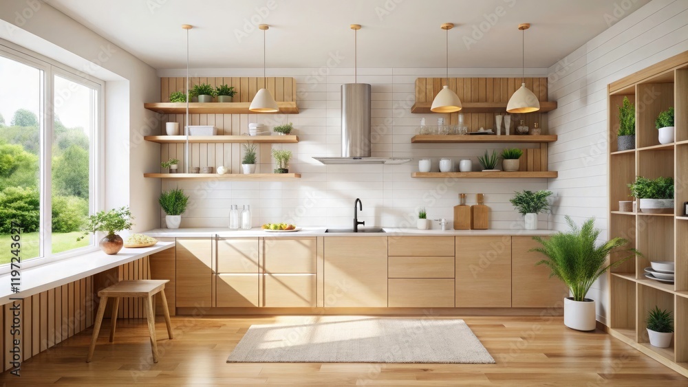 Minimalist Scandinavian design: light wood, white counters, open shelving—a bright, airy kitchen space. Minimalist Scandinavian design: light wood, white counters, open shelving—a bright, airy kitchen space.