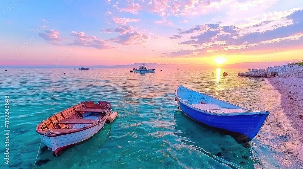 Calm sunset over sea with boats. Peaceful coastal scene. Travel use Calm sunset over sea with boats. Peaceful coastal scene. Travel use