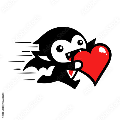 cute vampire running with a big red heart, and biting a heart, funny Valentines day mascot illustration, logo