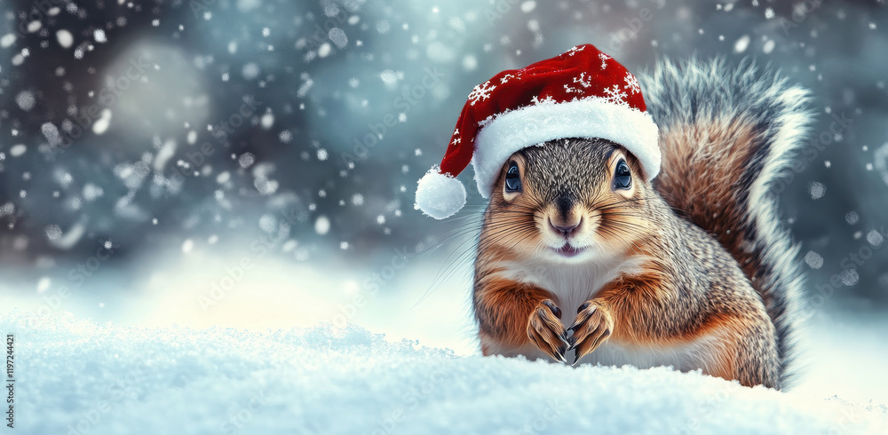 cute squirrel wearing Santa hat in snowy winter landscape, joyful and festive cute squirrel wearing Santa hat in snowy winter landscape, joyful and festive