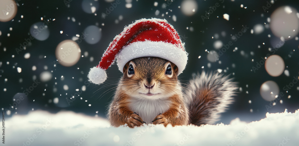 Cute squirrel wearing red Christmas hat in snowy landscape Cute squirrel wearing red Christmas hat in snowy landscape