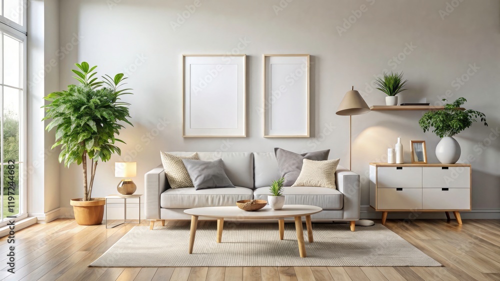 Fototapeta premium Scandinavian minimalism: a blank white panoramic frame dominates the living room mockup's wall.
